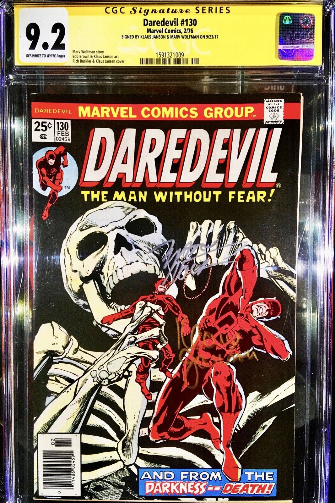 Daredevil #130 CGC SS 9.2 OW/W Signed By Marv Wolfman & Klaus Janson