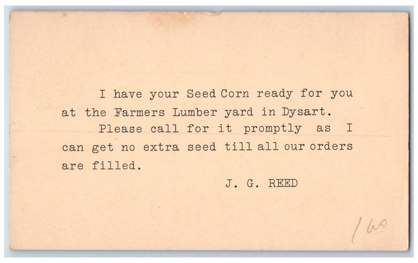 Dysart Iowa IA Postal Card I have your Seed Corn Letter JG Reed c1950's