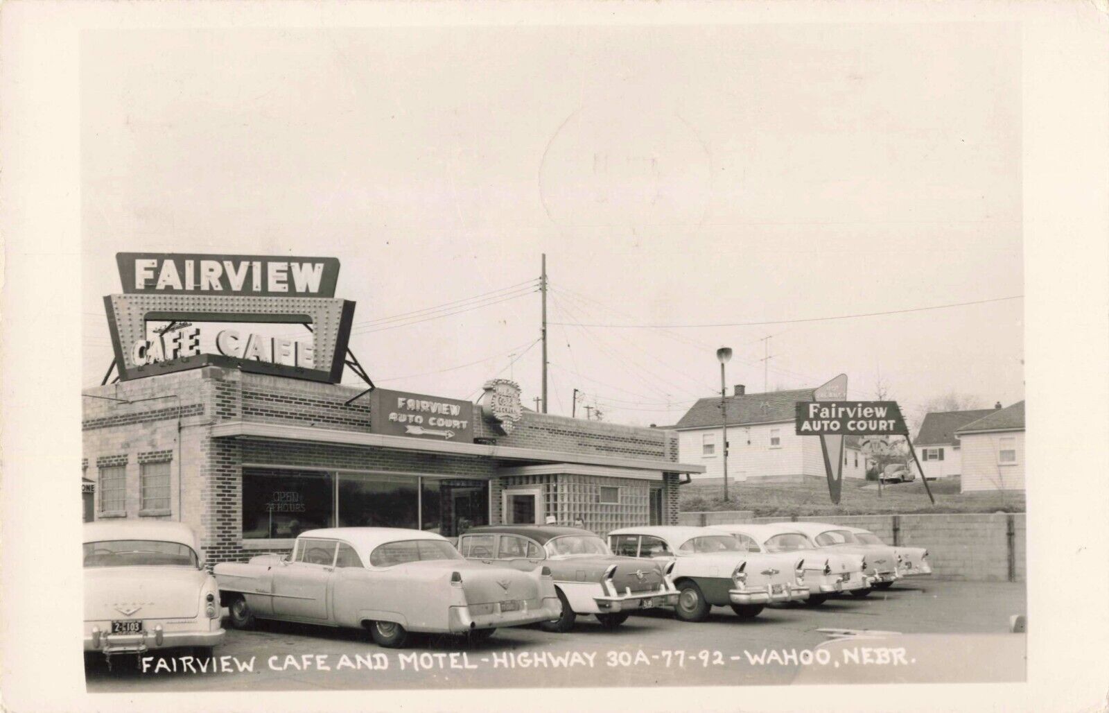 Fairview Cafe & Motel Wahoo Nebraska NE Old Cars 1956 Real Photo RPPC
