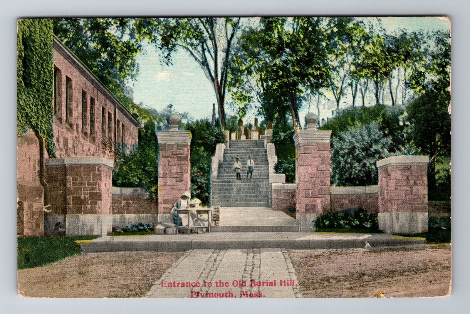 Plymouth MA-Massachusetts, Entrance to Old Burial Hill, Antique Vintage Postcard