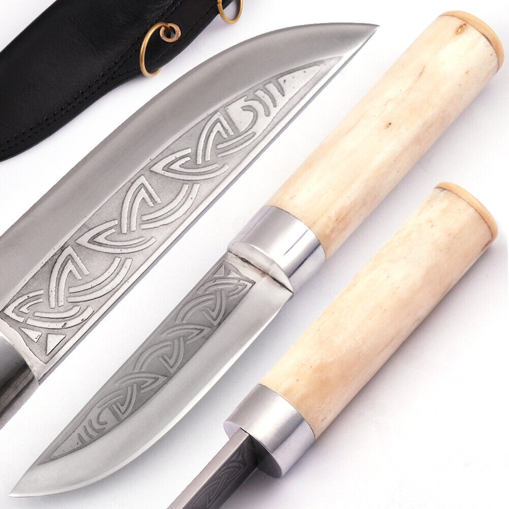 Scandinavian Style Bone Handle Viking Knife w/ Sheath, Etched 4.5\