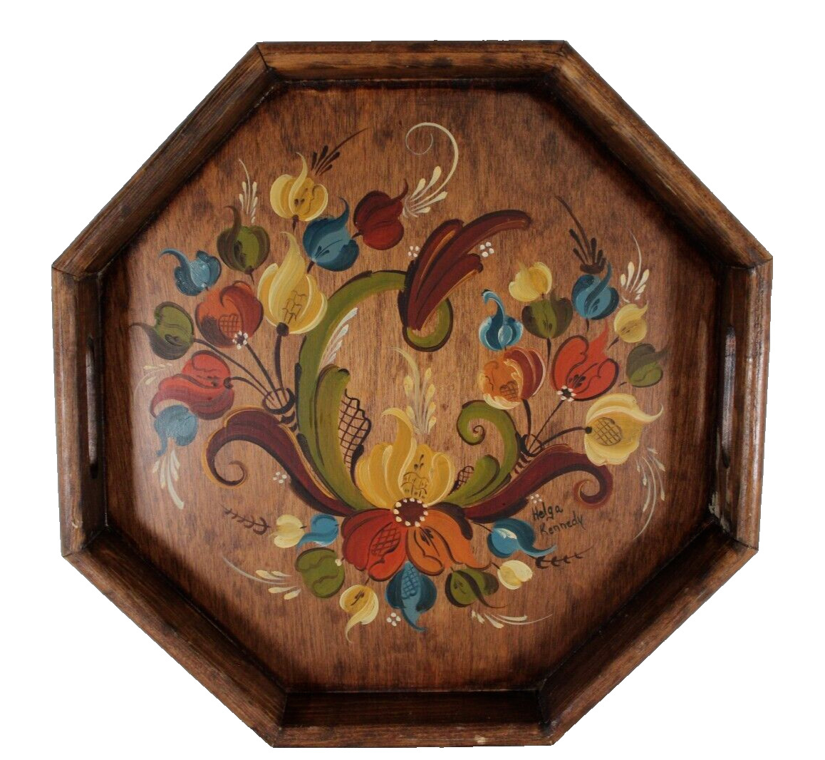 Hand Painted WOOD SERVING TRAY Floral Tole Painting Folk Art Signed