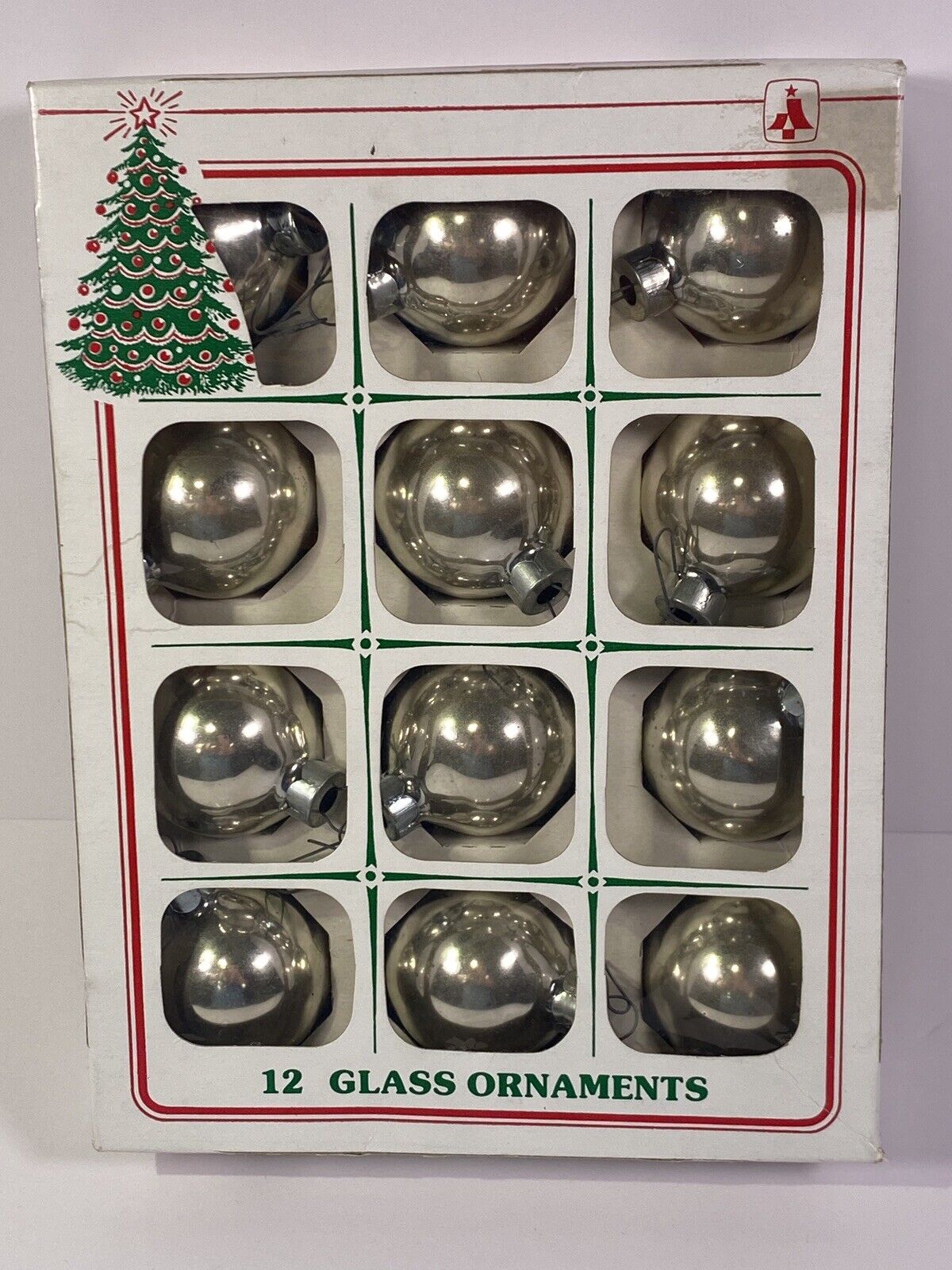 Vintage Silver Glass Orb Christmas Ornaments Holiday Box of 12