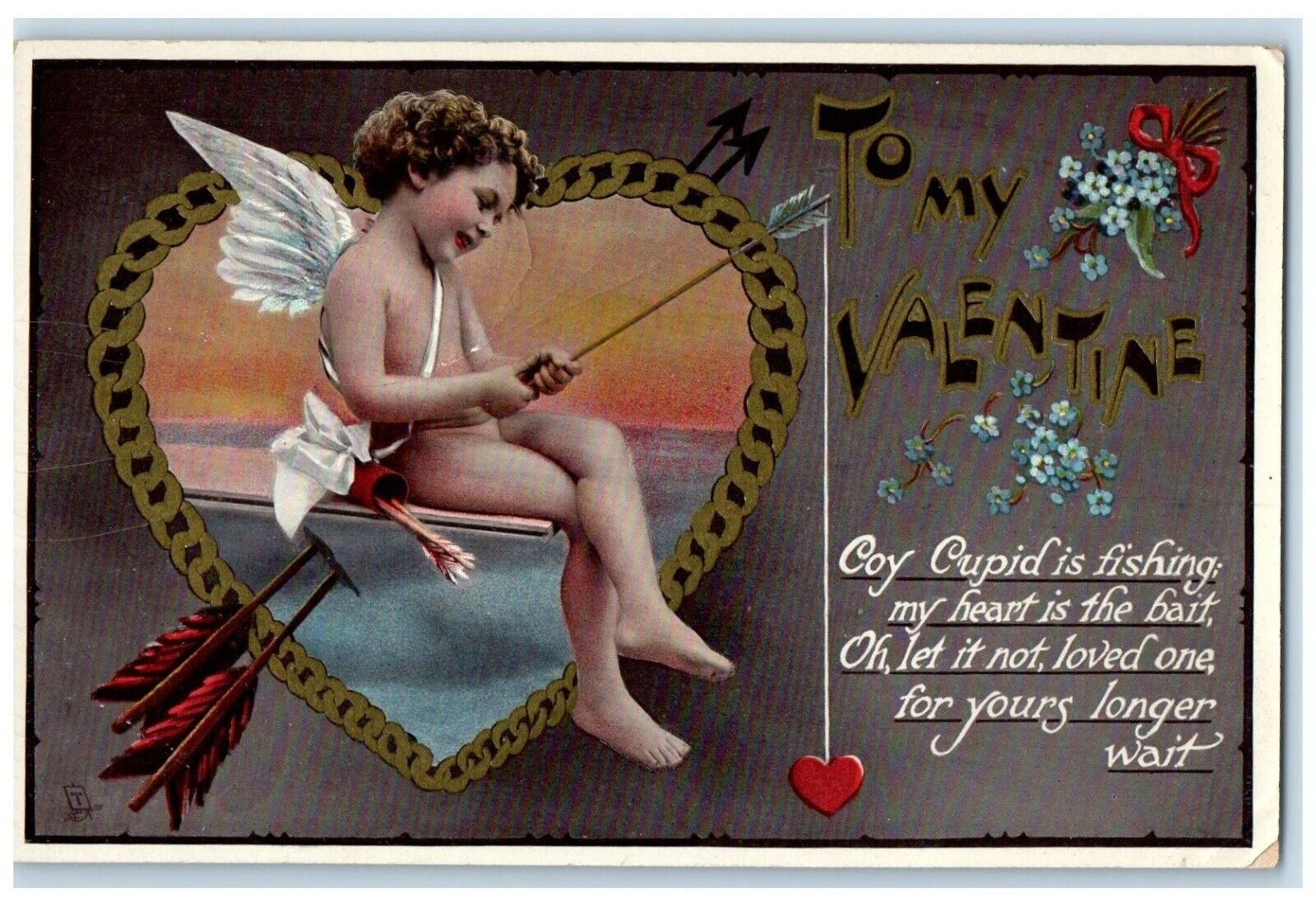 c1910\'s Valentine Cupid Angel Fishing Heart Bait Tuck\'s Antique Postcard