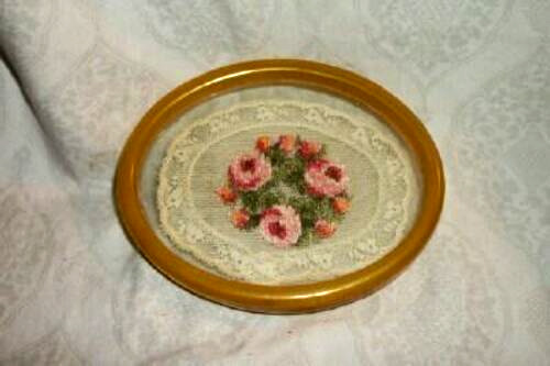 1920s CELLULOID VANITY PERFUME TRAY SMALL LACE ROSES GLASS PRECIOUS 1920s