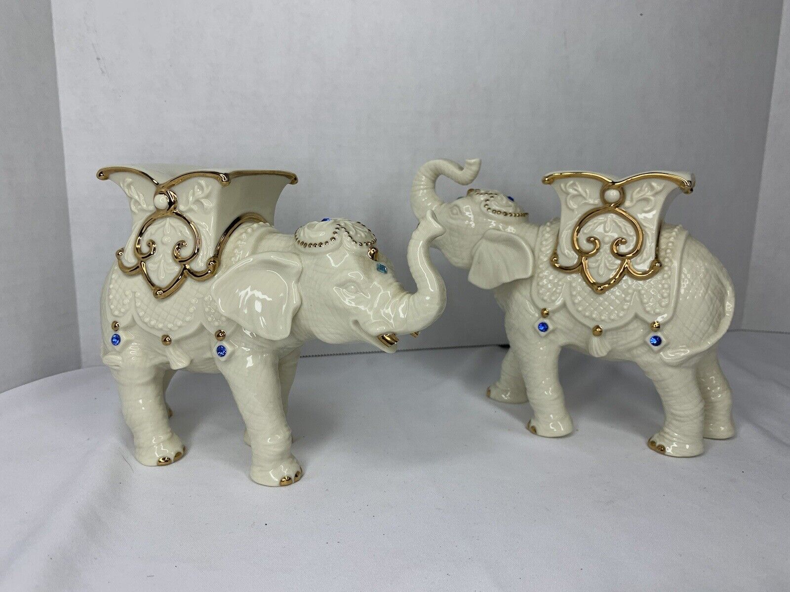 (2) Genuine LENOX HandCrafted Porcelain Elephant Figurines 24K Gold Trim DAMAGED
