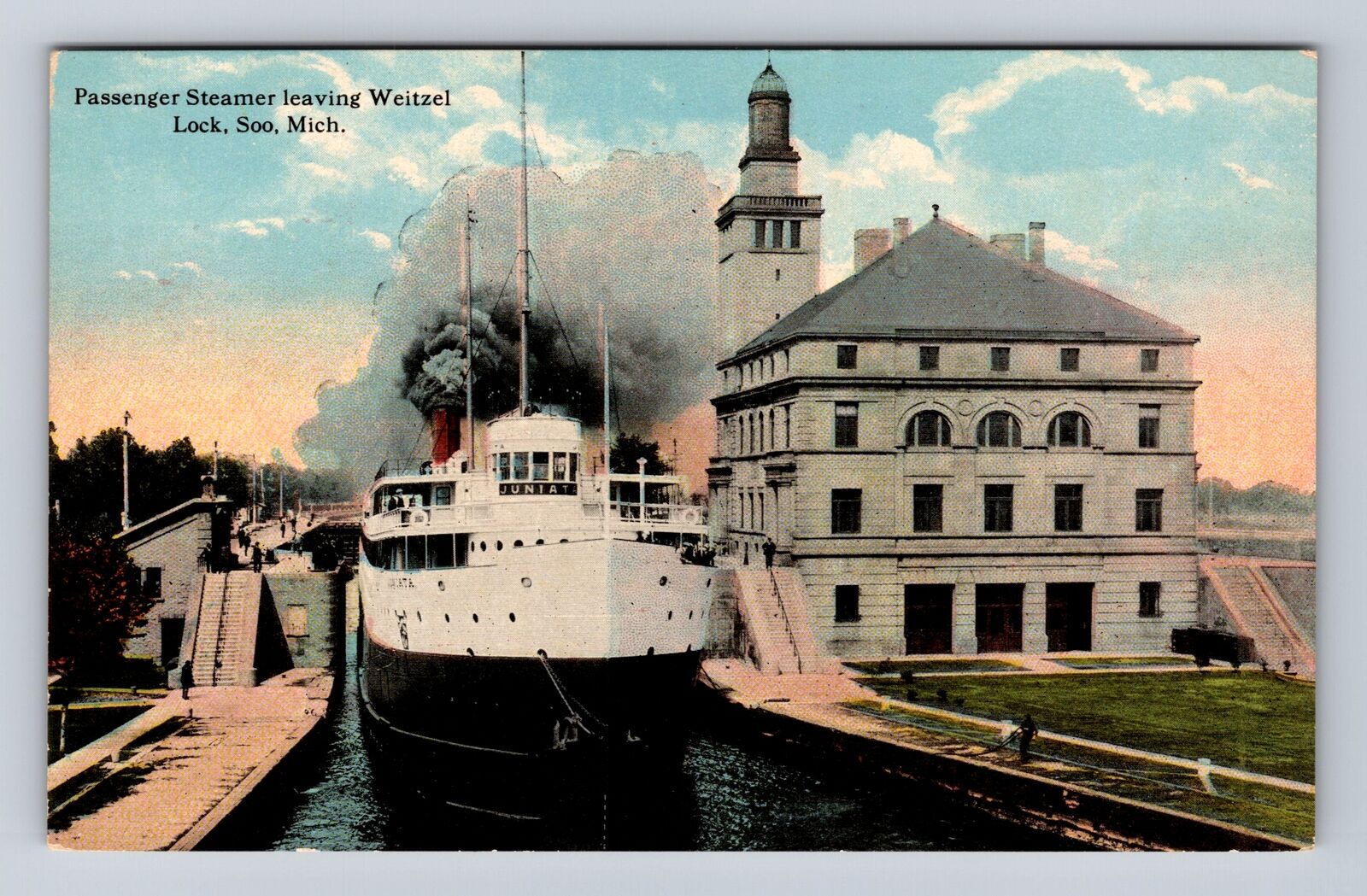 Sault St Marie MI-Michigan, Passenger Steamer, Weitzel Lock, Vintage Postcard