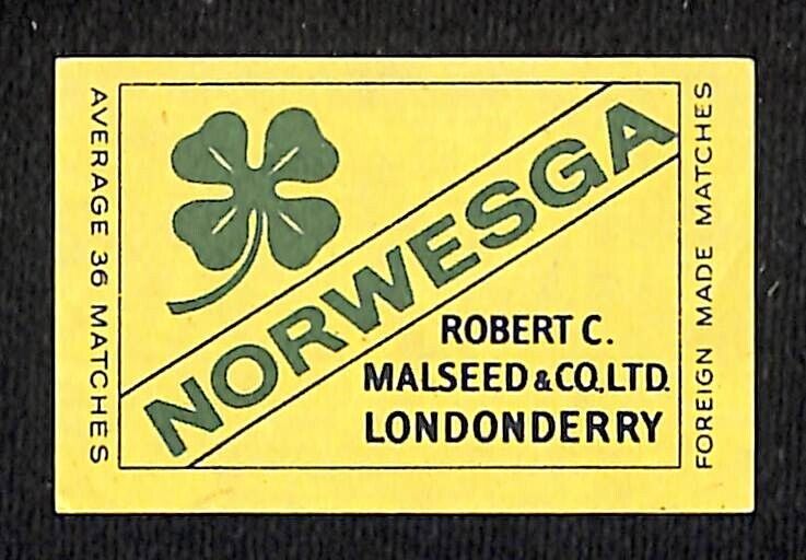 Vintage Matchbox Label Norwesga Clover Londonderry Robert C. Malseed c1950's60's