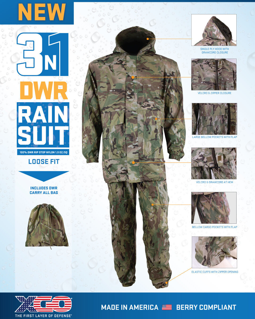 XGO 3 in 1 DWR Rain Suit w/Carry Bag, 100% DWR Rip Stop Nylon, US Made, Medium