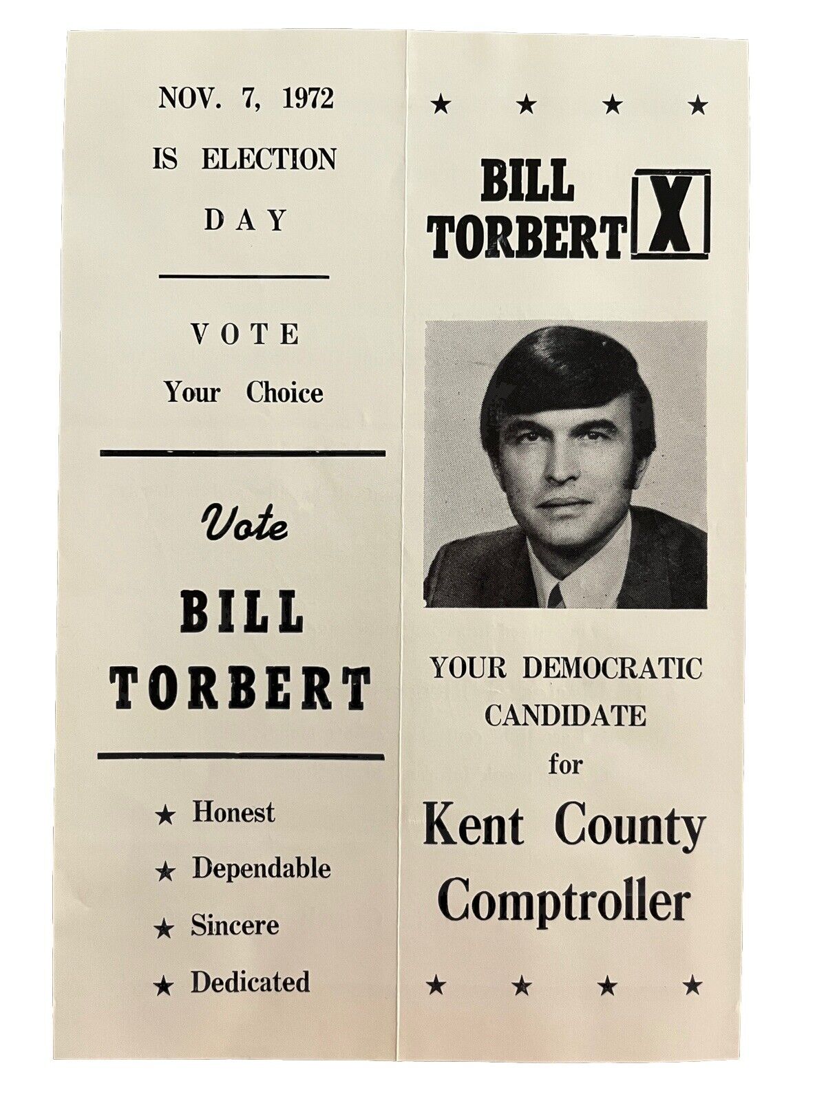 Vintage Delaware Campaign Flyer Bill Torbert Kent County Democratic Party 1972