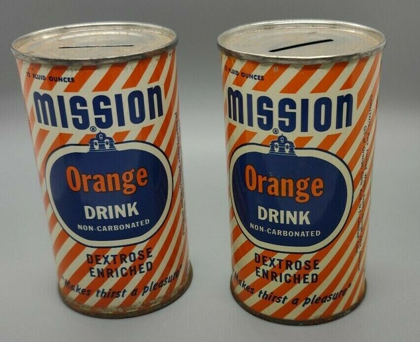 Vintage MISSION Orange Drink Advertising Banks--(2)-- Soda Pop Cans- 1954