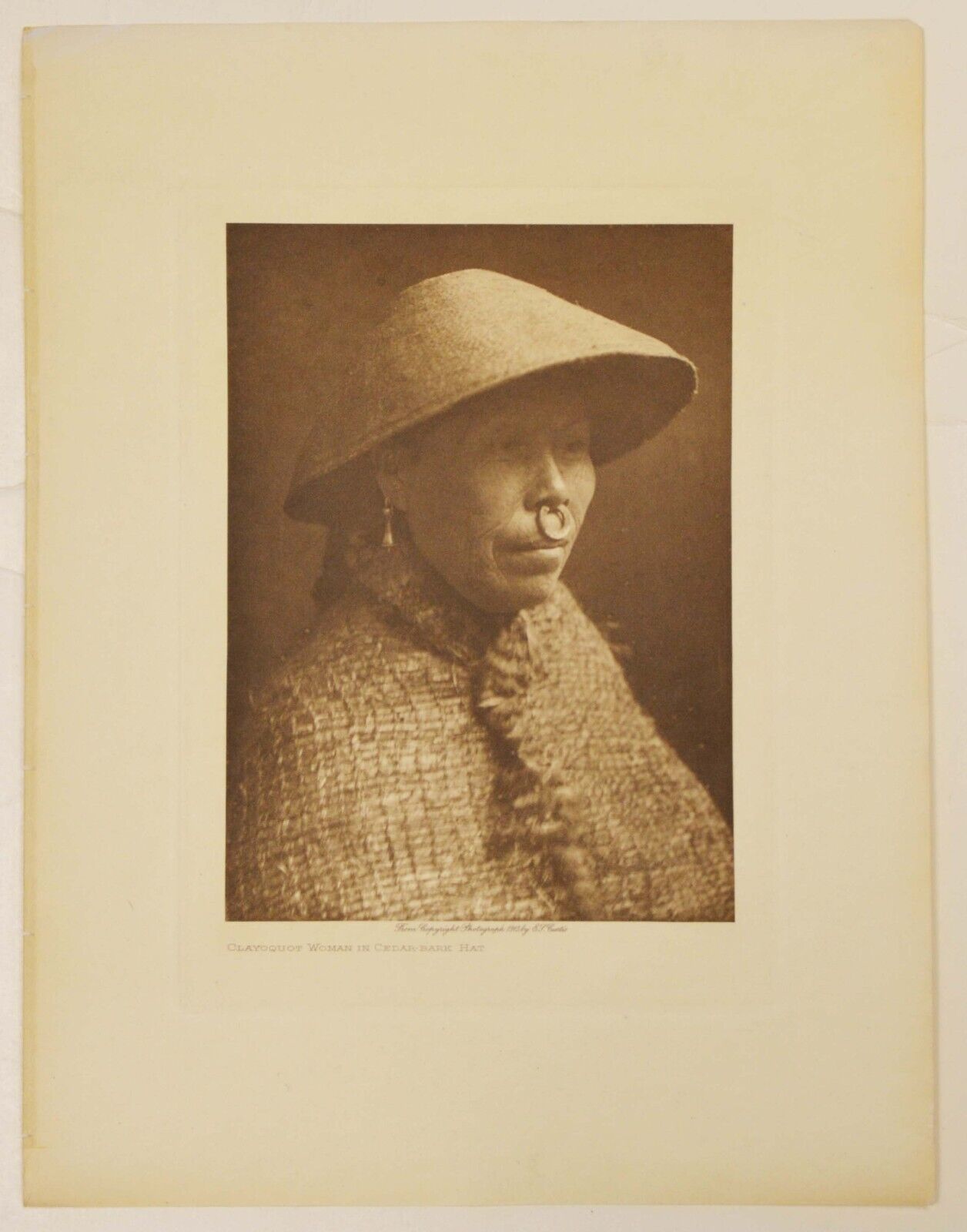 AUTHENTIC EDWARD CURTIS PHOTOGRAVURE 1915 “CLAYOQUOT WOMAN IN CEDAR BARK HAT” #1