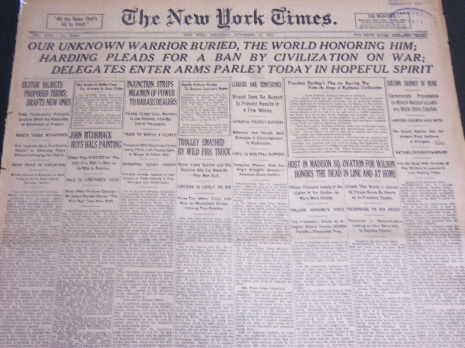 1921 NOVEMBER 12 NEW YORK TIMES - OUR UNKNOWN WARRIOR BURIED, THE WORLD- NT 6955