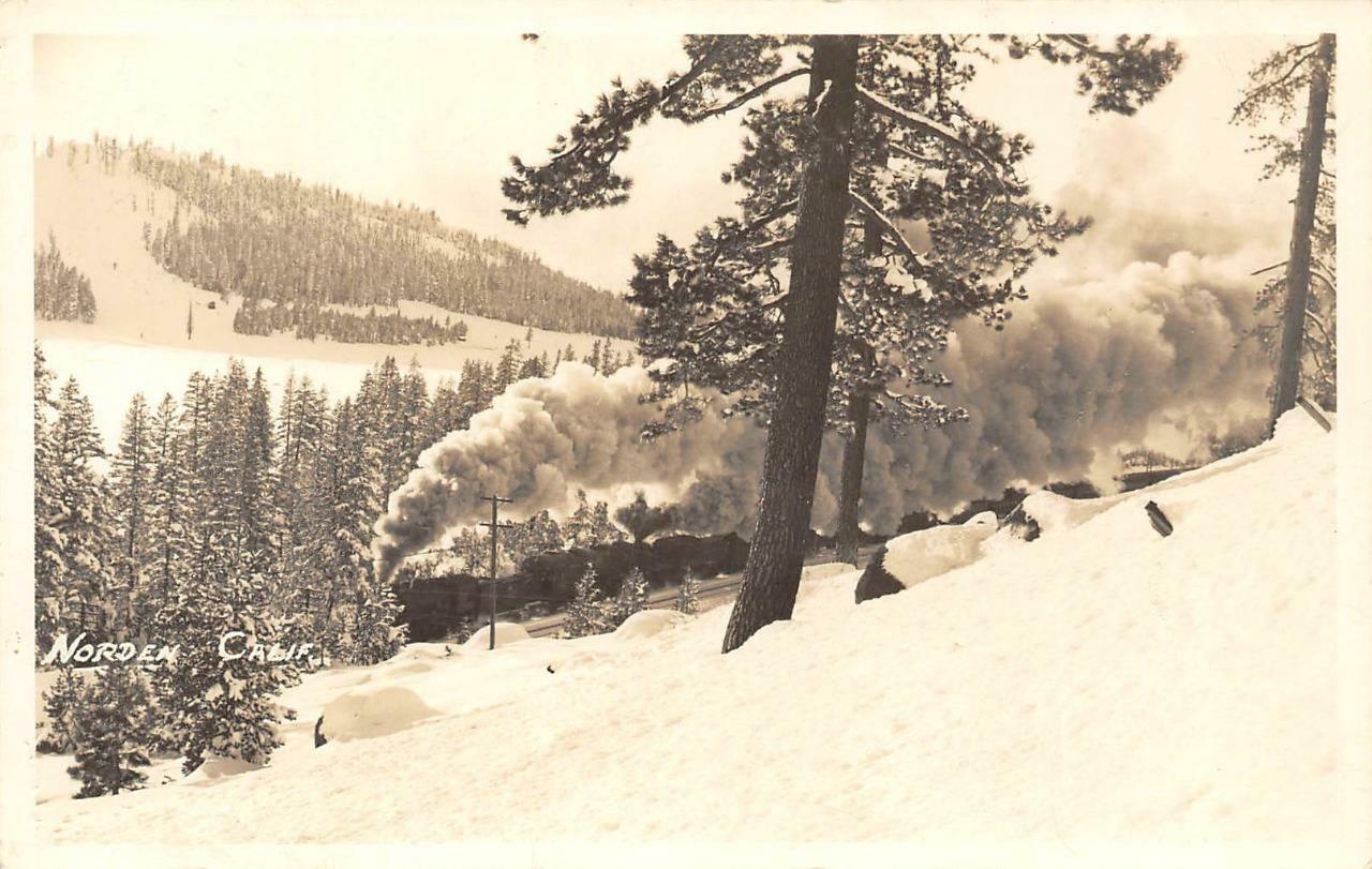 RPPC NORDEN, CA Steam Train US 40 Donner Tahoe Truckee c1940s Vintage Postcard