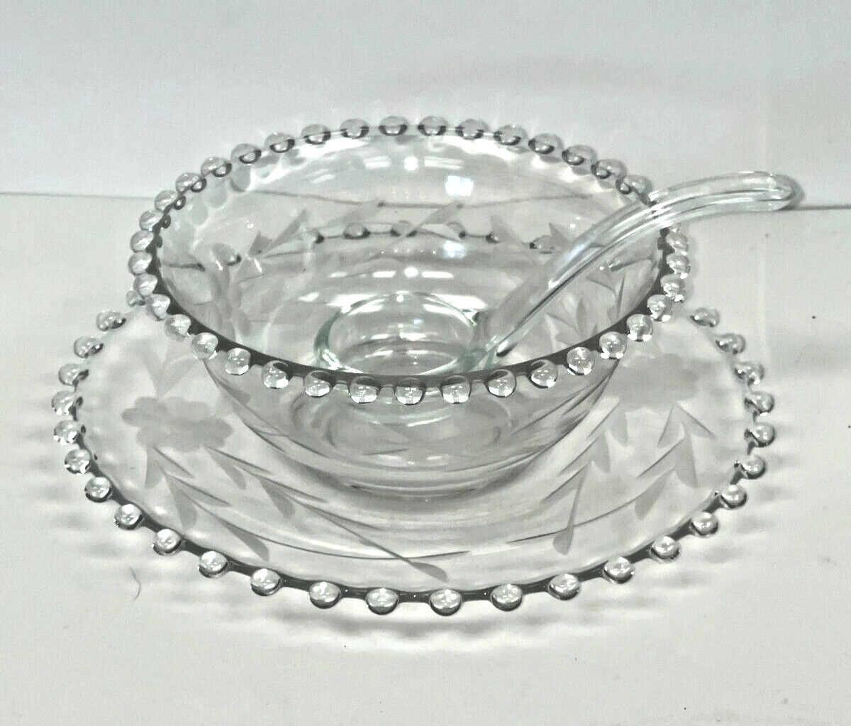 Imperial CANDLEWICK Etched Flowers Condiment Mayo Sauce Bowl, Underplate, Spoon