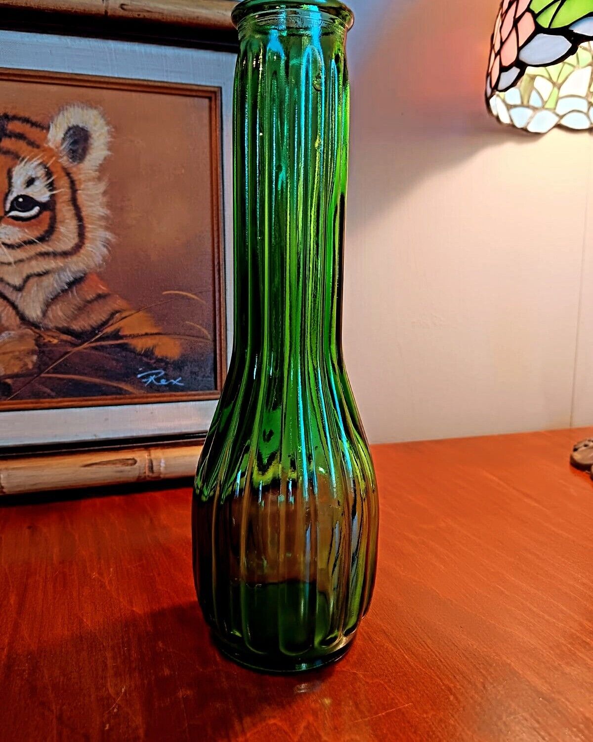 Mid century, green glass, bud vase, fluted rim, 8 5/8\