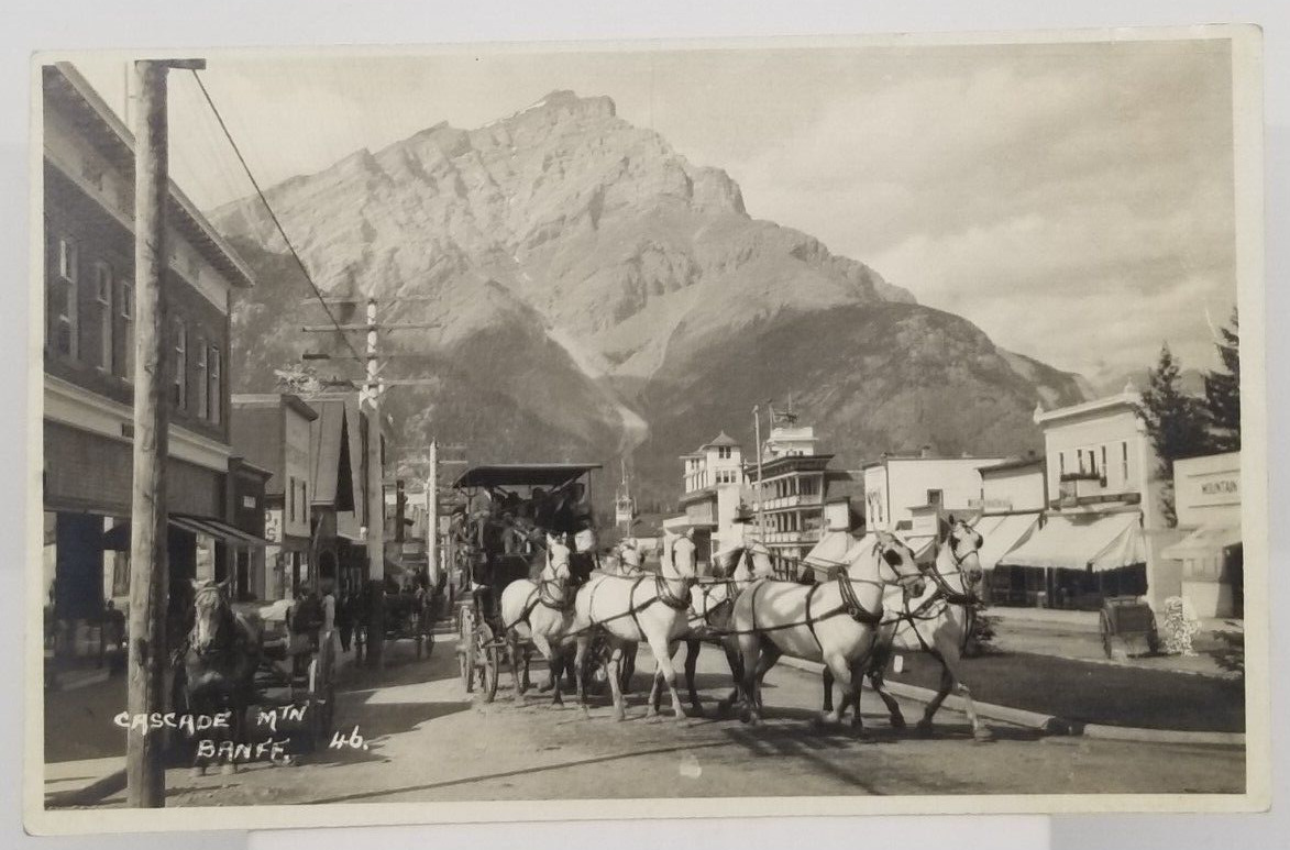 CANADA Banff Cascade Mountain Town Scene Wagons Horses Photo c1921 Postcard