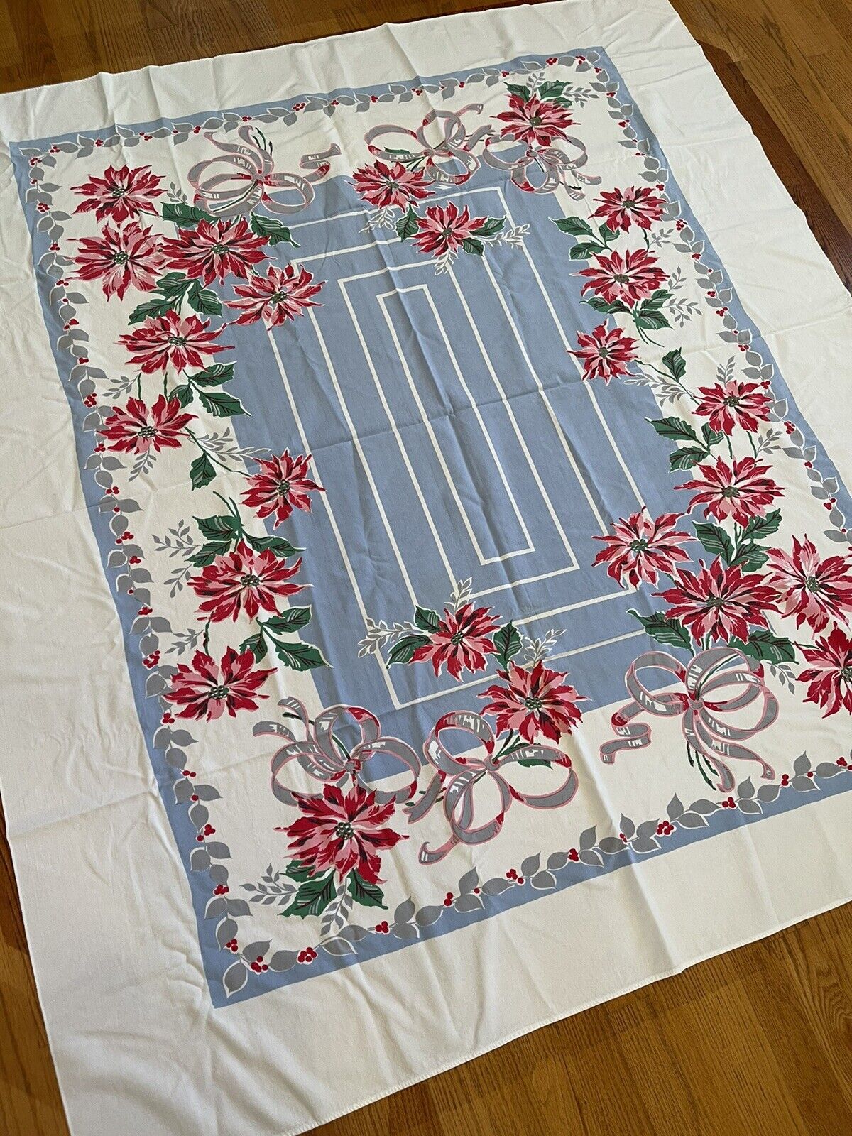 VTG 1950s Gorgeous Cotton Tablecloth Blue With Pink/red Flowers 65”x58”-Rockabil