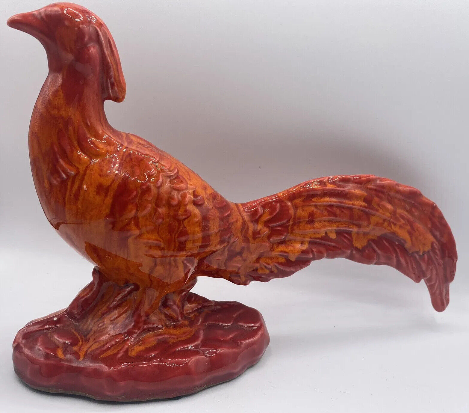 Vtg MCM Pheasant Bird Orange Drip Glaze Ceramic Pottery statue 7X11” Figurine