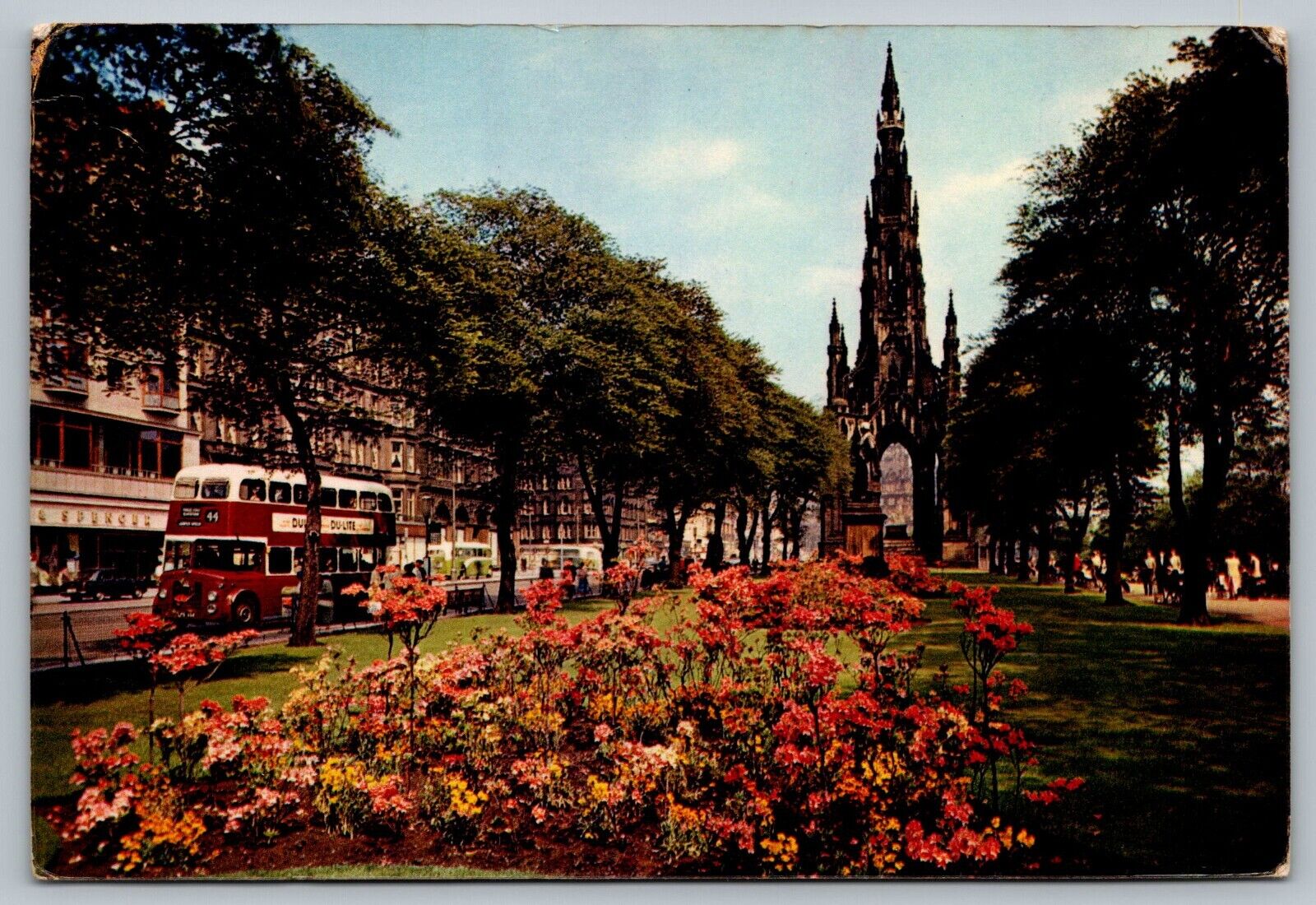 Postcard Princes Street Gardens Scott Monument Edinburgh Double Decker Bus  