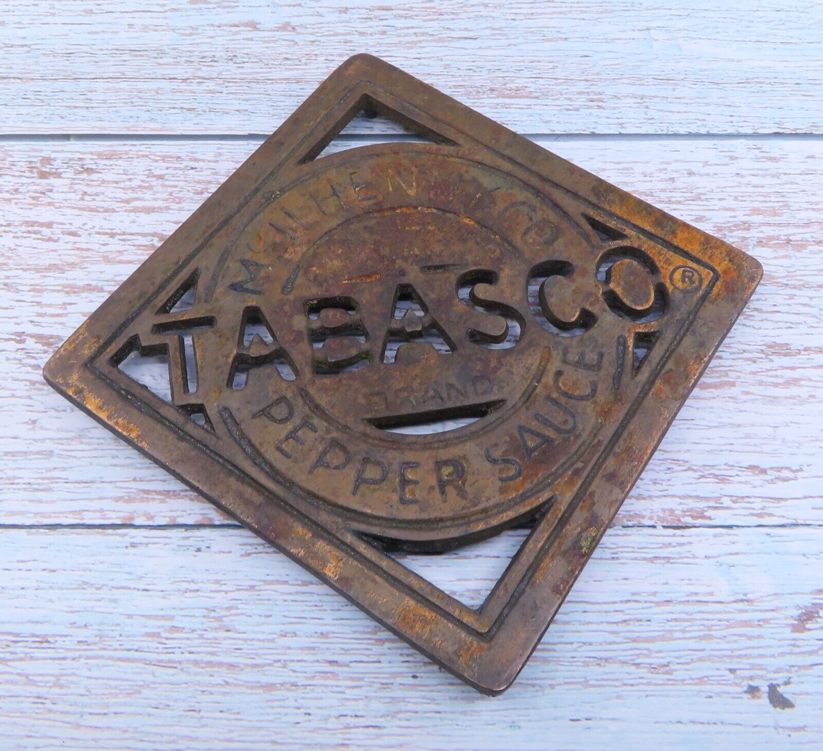 Vintage Tabasco Brand Logo Hot Pepper Sauce Cast Iron Hanging Plate Trivet