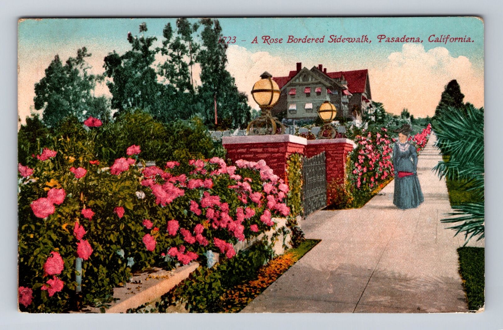 Pasadena CA-California, Rose Bordered Sidewalk, Antique, Vintage c1914 Postcard