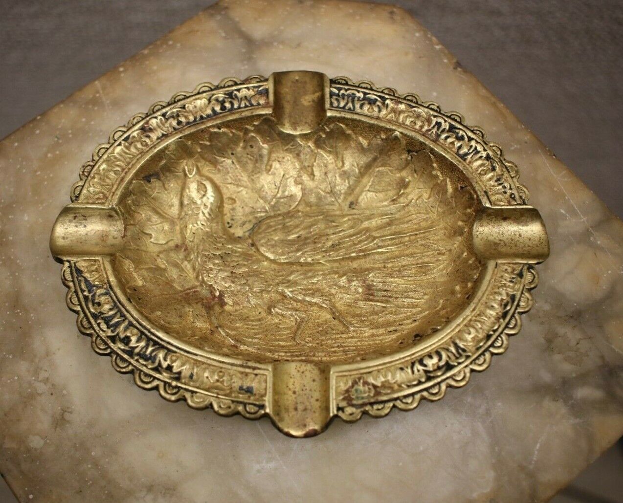 Beautiful 19th Century Solid Bronze Ashtray With Embossed Bird