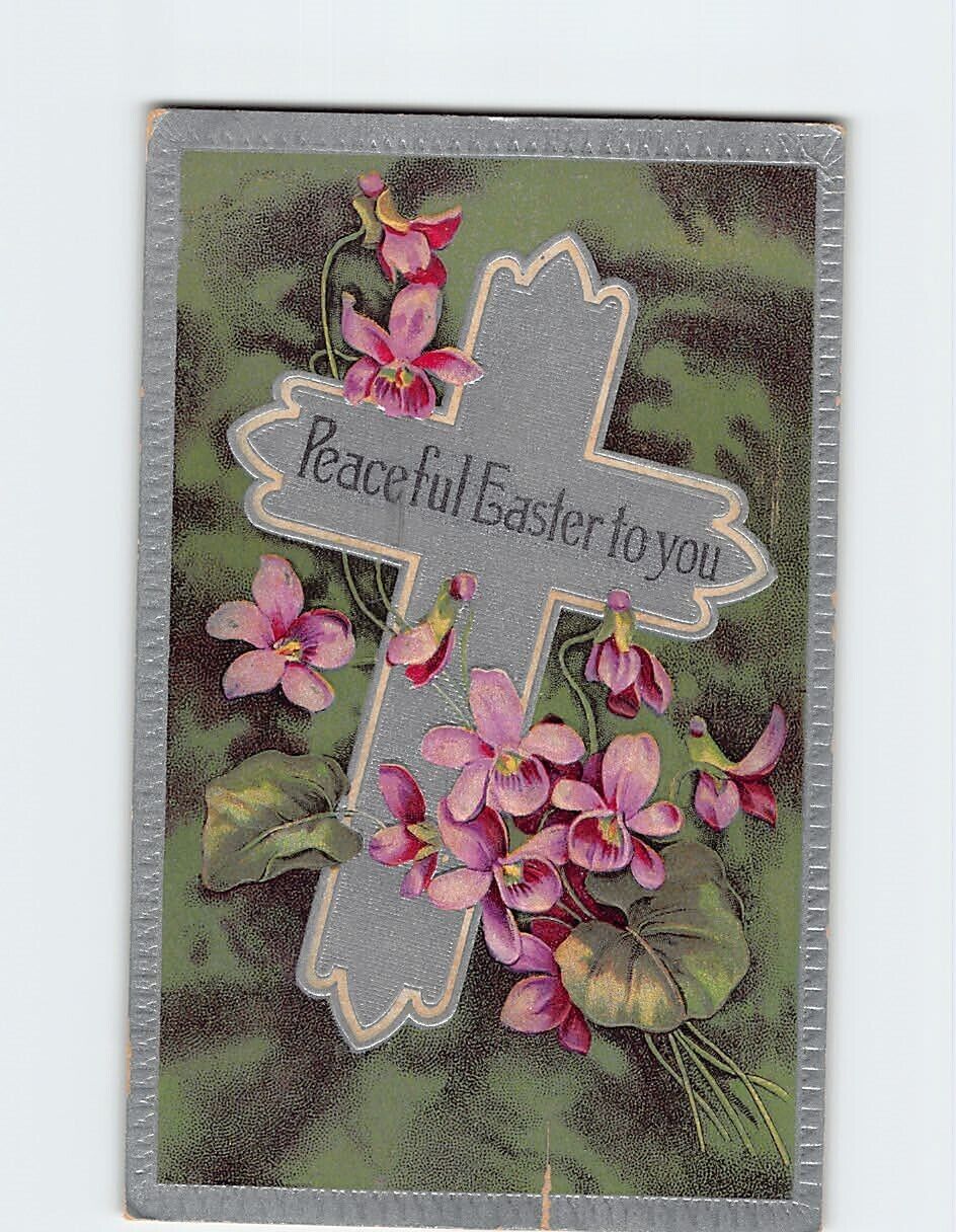 Postcard Peaceful Easter to You Cross & Flower Art Print Embossed Card