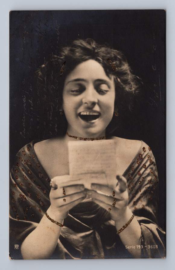 Happy Woman Reading Letter w Glitter Choker RPPC Callao Peru Photo Cover 1900s