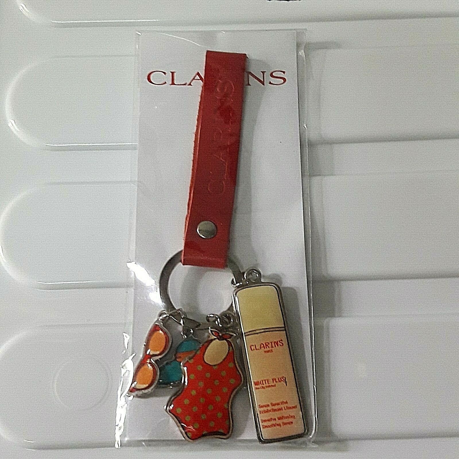 Clarins Paris Keyring Keychain Red Leather Holder Promo Advertising New with Tag