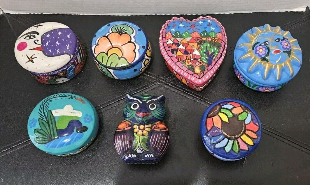 LOT of 7 COLORFUL Hand Painted Clay Trinket Boxes Mexican Folk Art