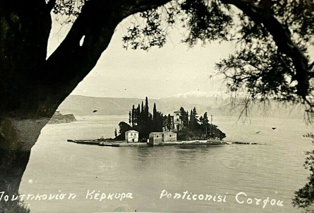 Corfu Greece Aerial View \'Mouse Island\' Pontikonisi Vintage RPPC Postcard Unused