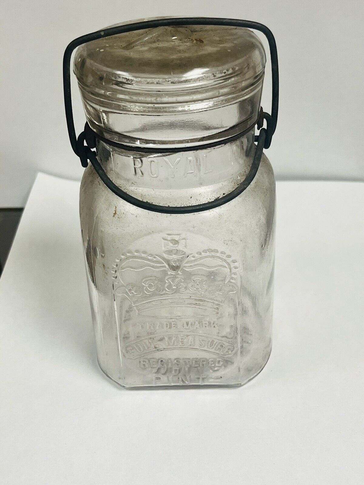 Vintage AG SMALLEYS Fruit Jar Co ROYAL Boston New York 1896 Pint Wire Clip Top