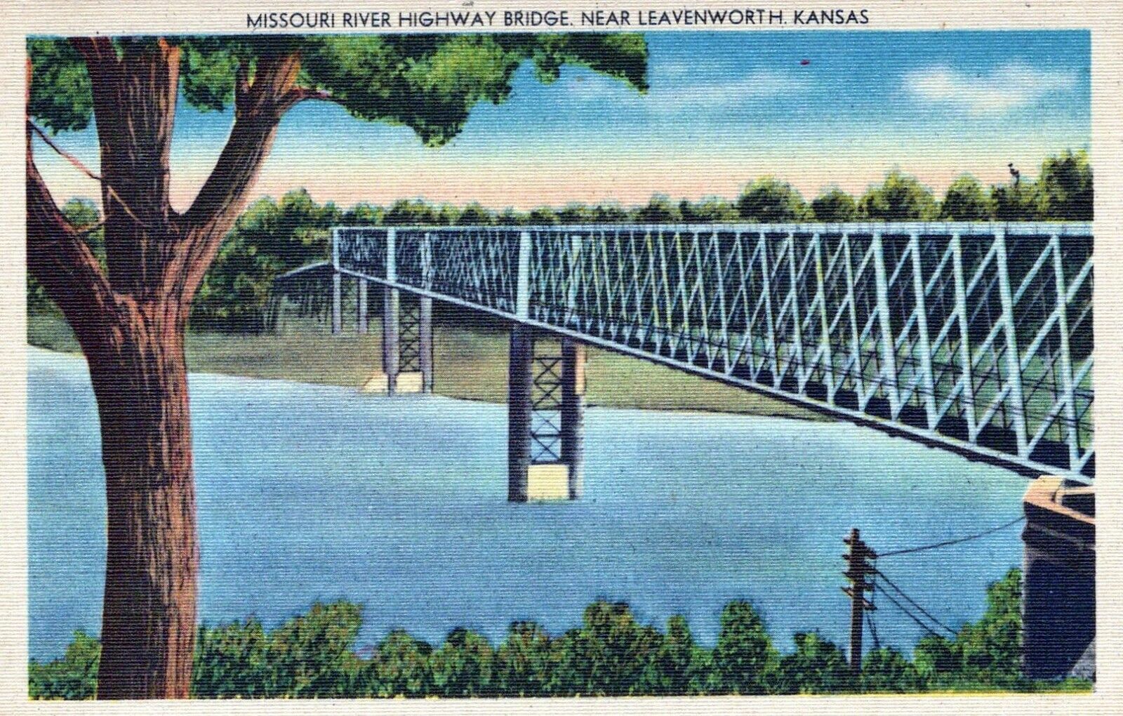Missouri River HWY Bridge Leavenworth Kansas Vintage Linen Post Card 