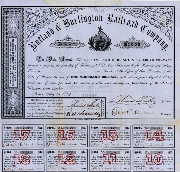 Rutland and Burlington Railroad Co. - $1,000 Bond - Railroad Bonds