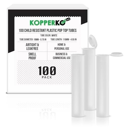 Kopperko 100 Pack 116mm Plastic Pop Top Tube - Child Resistant - White