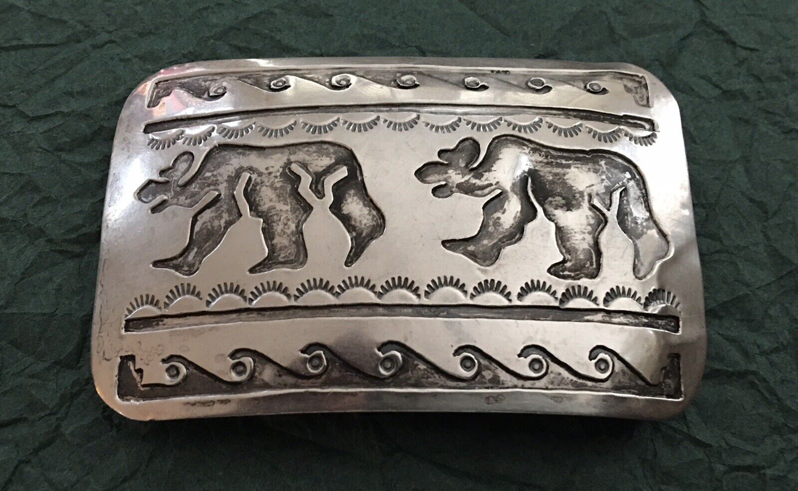 Vintage Native American Unsigned Sterling Silver Double Walking Bear Belt Buckle