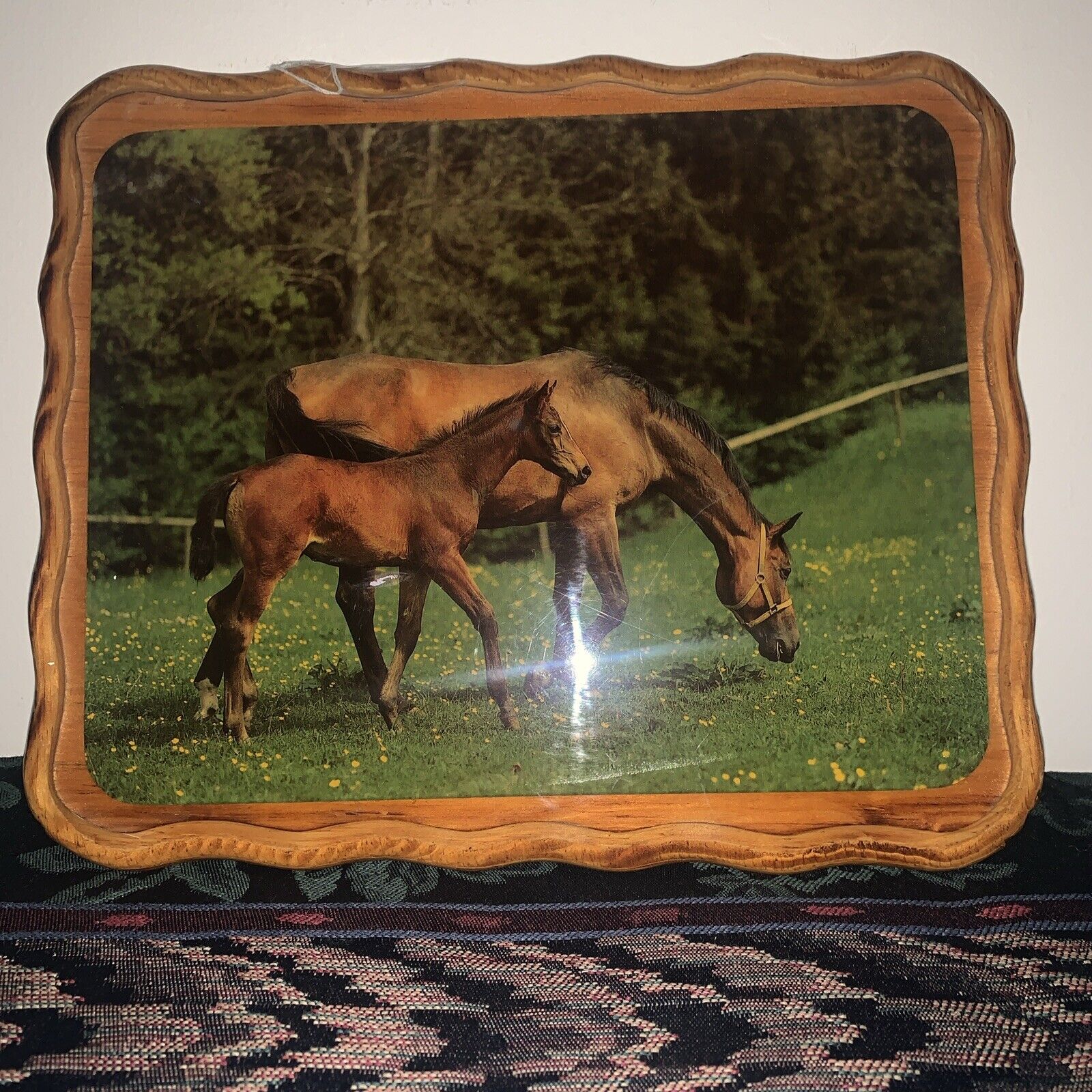 Vintage Art 70\'s decoupage lacquered wood picture Wall Art Brown Horse Stone Age
