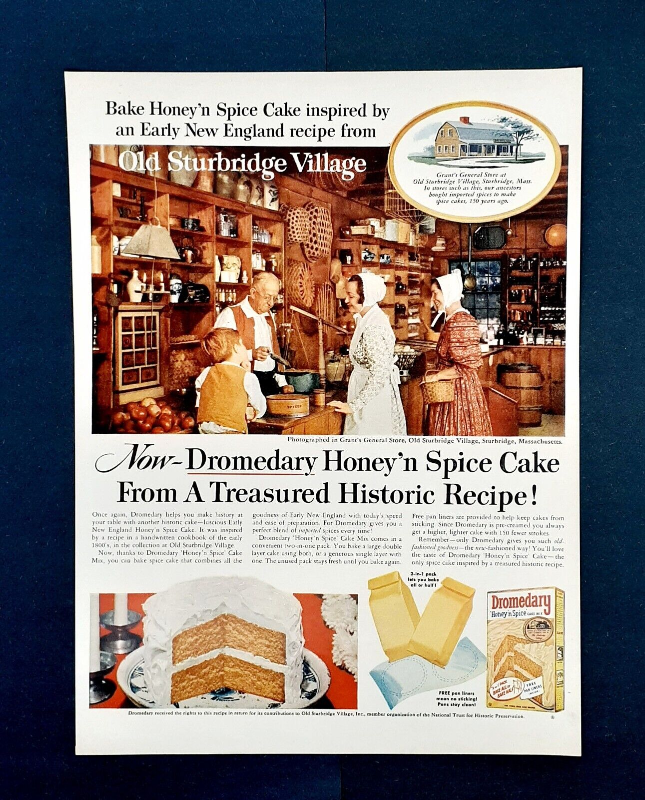 Dromedary cake mix ad Sturbridge Village Massachusetts vtg 1956 advertisement
