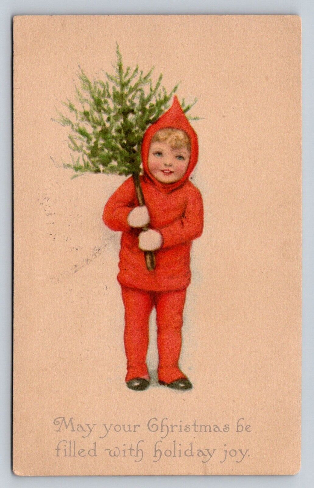 c1920s Boy Carries Tree Holiday Joy Christmas  P822