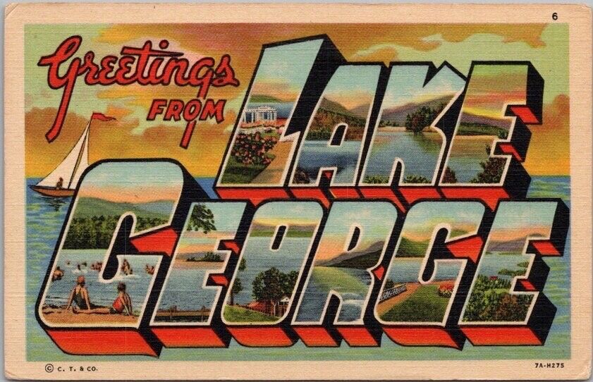Vintage LAKE GEORGE New York Large Letter Postcard Curteich Linen c1937 Unused