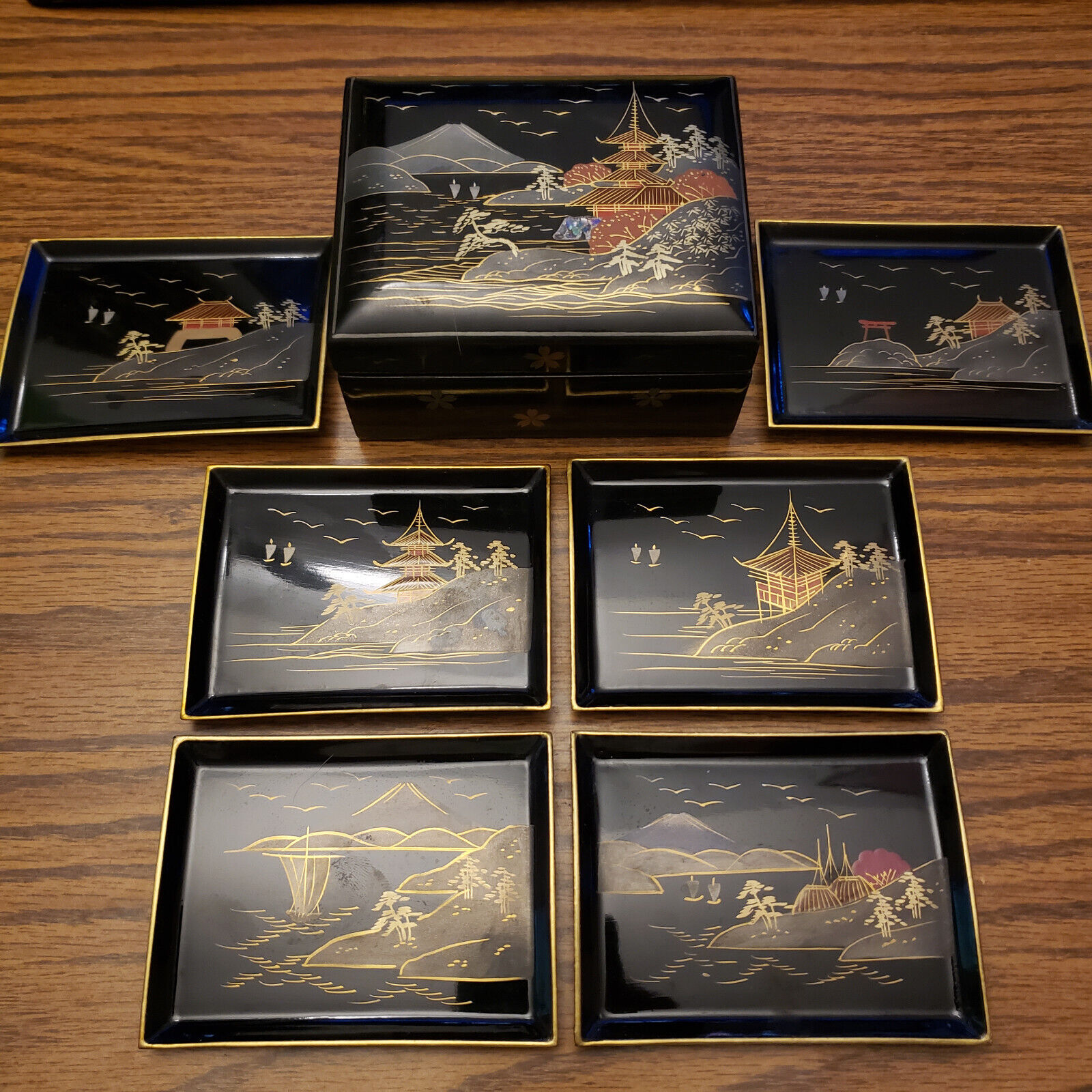 Vintage Japanese Lacquer Box and Trays with Painted Scenes