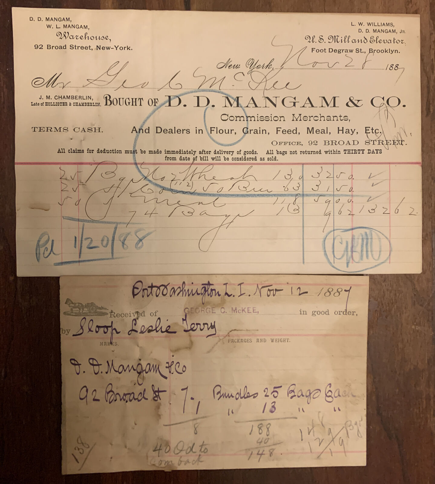 1887 DD. Mangham & co, Brooklyn New York NYC Bill Head Plus Receipt
