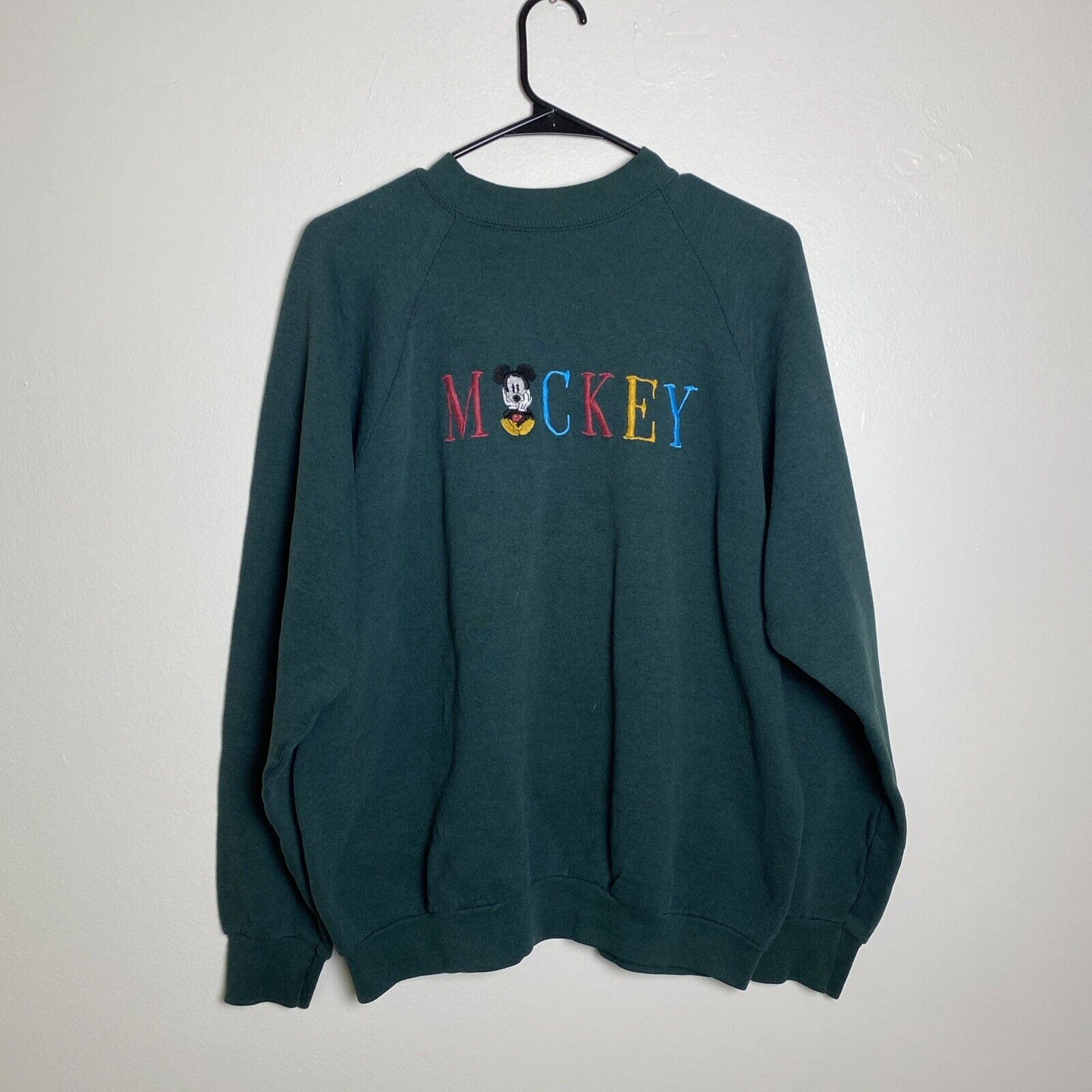 Vintage Mickey Mouse Sweater Mens Large Green 90\'s Embroidered Disney Pullover