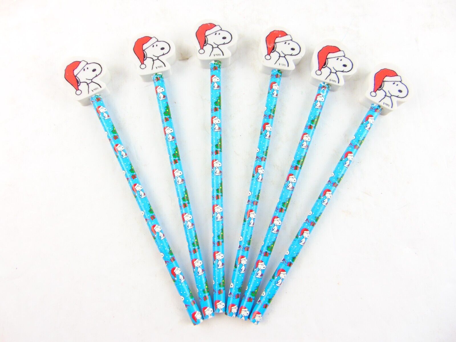 Vintage UFS Peanuts Snoopy Santa Pencils With Erasers Lot Of 6
