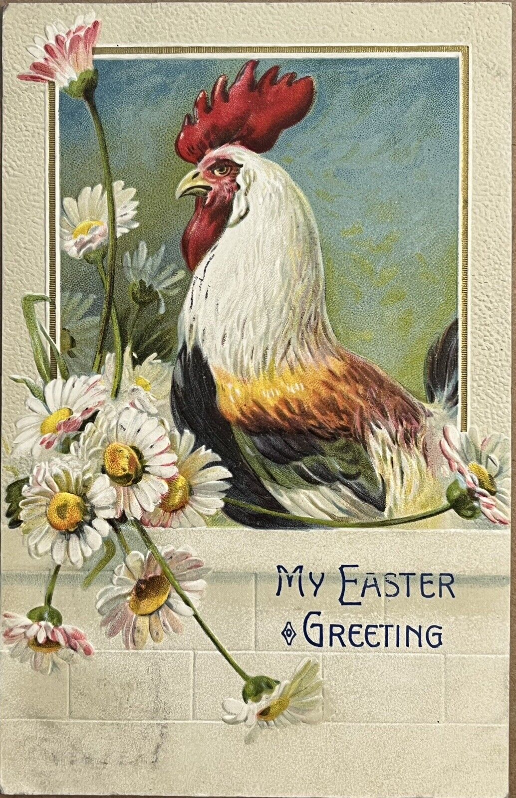Easter Greeting Rooster Daisies Antique Embossed Postcard c1910