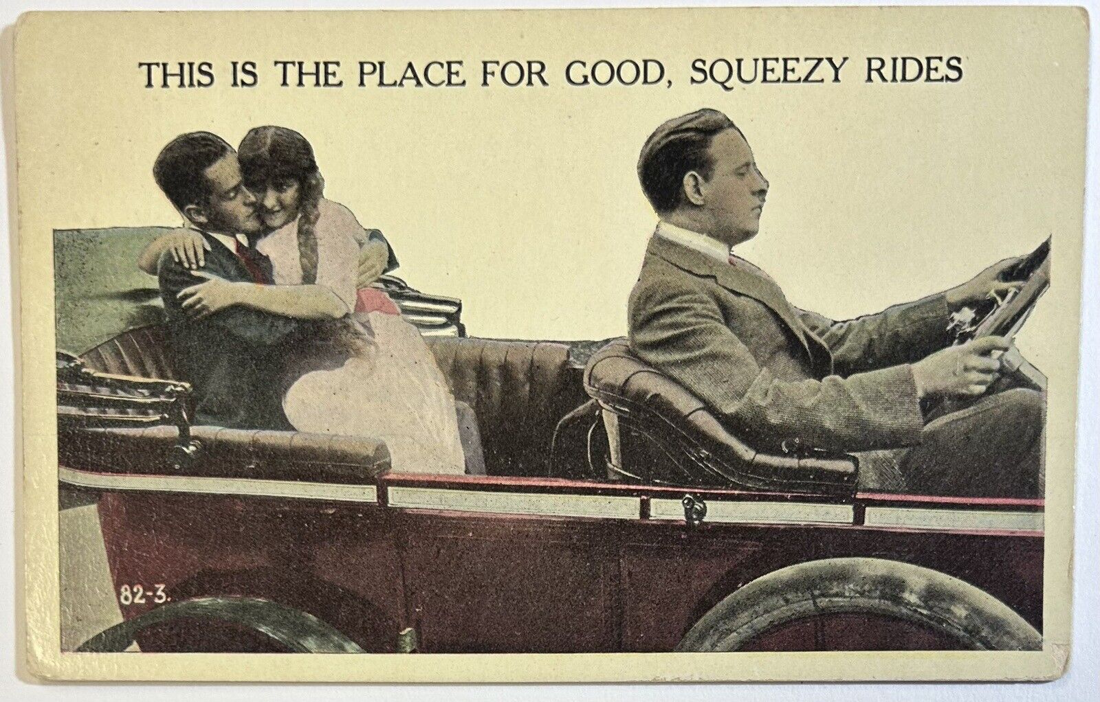 Good Squeezy Rides Antique Romance Postcard, Car, Posted Excelsior Springs, MO