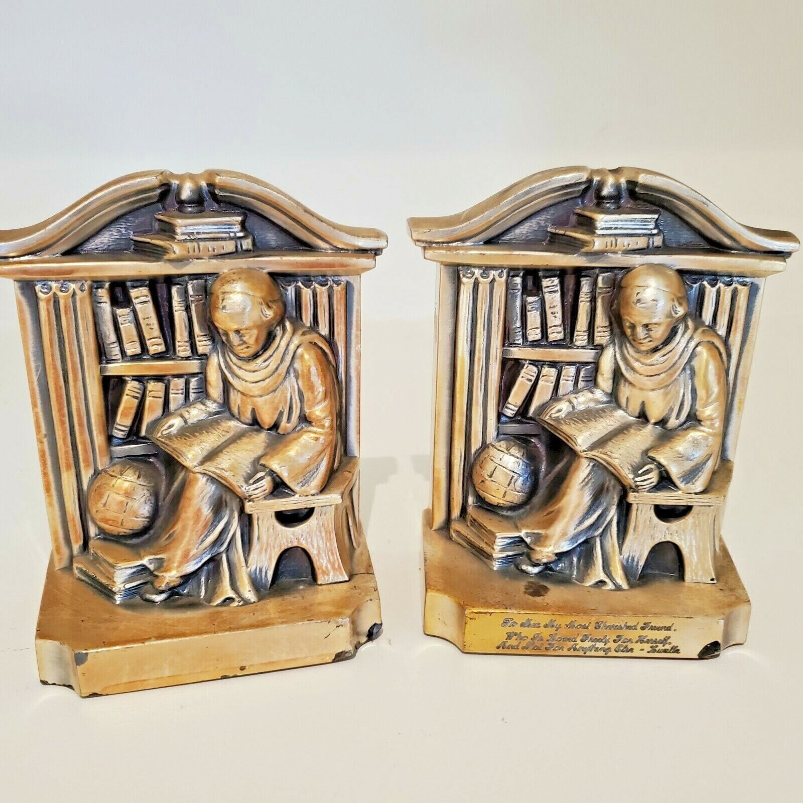 VINTAGE BRONZ BRASS BOOKENDS RELIGIOUS BISHOP/MONK READING IN LIBRARY 21B 5 INCH
