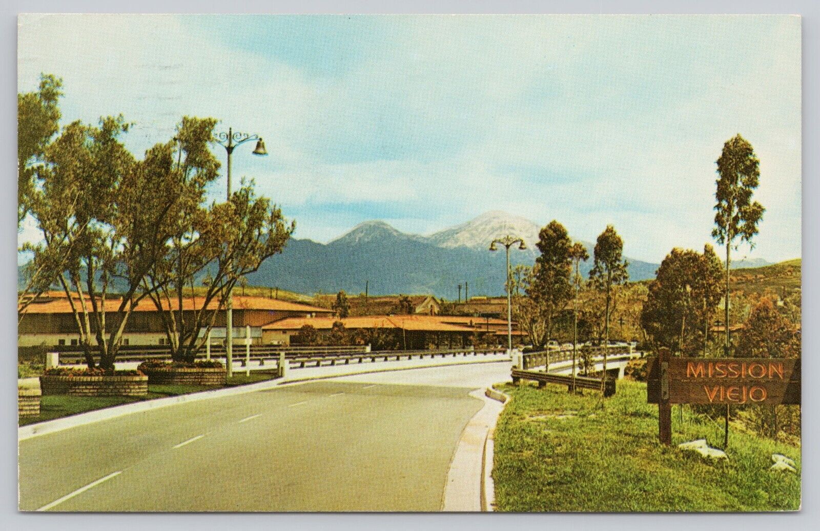 Mission Viejo California, Welcome Sign, Bridge, Mountains, Vintage Postcard