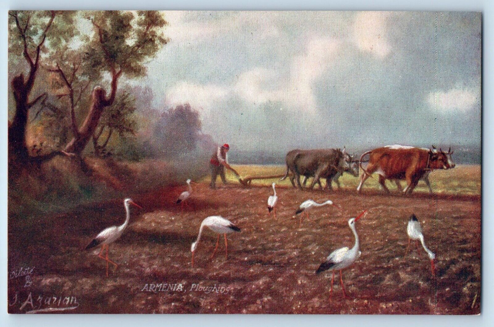 Armenia Postcard Ploughing Stork Animal Village Life c1910 Oilette Tuck Art